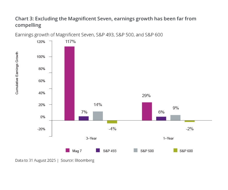Earnings growth of Magnificent Seven, S&P 493, S&P 500, and S&P 600 chart